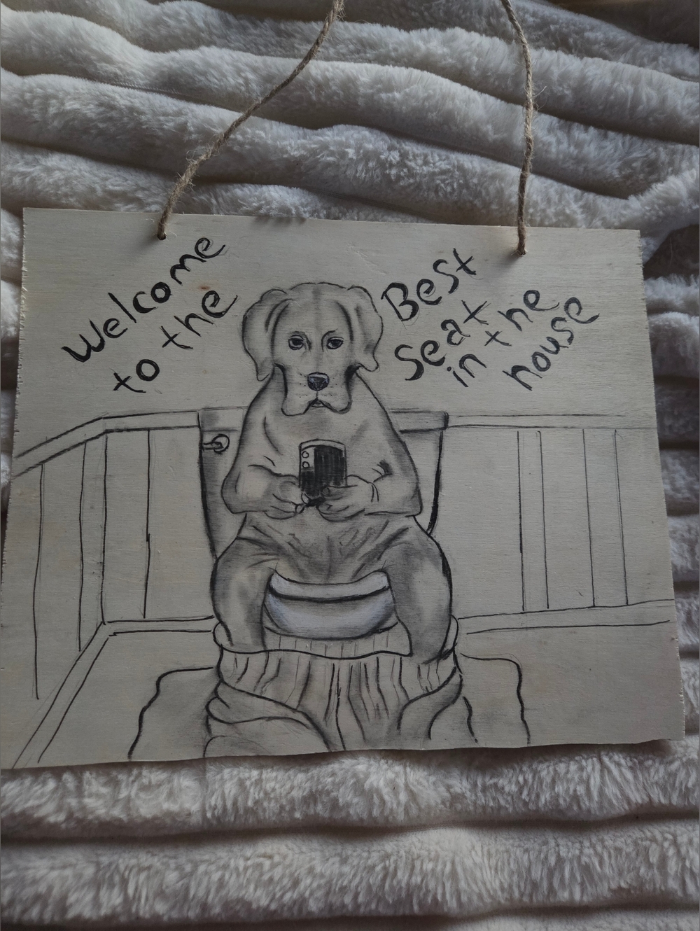 Welcome to the Best Seat in the House Lab Dog Wall Art Sign, Cream Hand Drawn